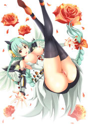 Rule 34 | 1girl, :d, anklet, aqua hair, armor, armored dress, armpits, ass, bare shoulders, black thighhighs, bow, braid, breasts, censored, dress, feathered wings, flower, gauntlets, hair bow, hair ornament, highres, jewelry, large breasts, legs up, light valkyrie (p&amp;d), long hair, looking at viewer, mosaic censoring, nipples, no panties, open mouth, orange eyes, orb, pink flower, pink rose, pussy, puzzle &amp; dragons, red bow, red flower, red rose, rose, simple background, single braid, sleeveless, sleeveless dress, smile, solo, suwakichi, suwakichi (kinghalo13), thighhighs, twin braids, valkyrie, valkyrie (p&amp;d), white background, wings