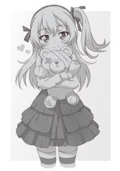 Rule 34 | 1girl, bandages, boko (girls und panzer), bow, bowtie, casual, closed mouth, collared shirt, commentary request, cropped legs, girls und panzer, greyscale, hair ribbon, heart, high-waist skirt, highres, holding, holding stuffed toy, kumaji (kumazidayo), layered skirt, long hair, long sleeves, looking at viewer, medium skirt, monochrome, one side up, outside border, pantyhose, ribbon, shimada arisu, shirt, skirt, smile, solo, standing, striped clothes, striped pantyhose, stuffed animal, stuffed toy, suspender skirt, suspenders, teddy bear, thighhighs