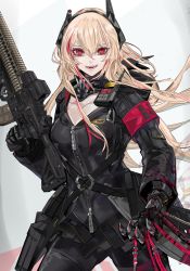 Rule 34 | 1girl, absurdres, armband, assault rifle, bandana, black gloves, black jacket, black scarf, black thighhighs, blonde hair, blood, blood on clothes, blood on hands, buckle, cable, eotech, eyebrows, girls&#039; frontline, gloves, gun, hair ornament, headgear, headphones, highres, holding, holding gun, holding weapon, holster, hood, hooded jacket, jacket, long hair, looking at viewer, m4 carbine, m4 sopmod ii, m4 sopmod ii (girls&#039; frontline), multicolored hair, nslacka, open mouth, red eyes, red hair, rifle, scarf, simple background, snap-fit buckle, solo, standing, streaked hair, thighhighs, track jacket, two-tone hair, walkie-talkie, weapon