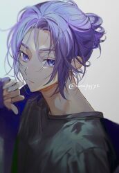 Rule 34 | black shirt, blue jacket, closed mouth, commentary request, copyright request, grey background, jacket, long sleeves, looking at viewer, mm39572, open clothes, open jacket, parted bangs, purple eyes, purple hair, shirt, simple background, sleeves past wrists, thick eyebrows, twitter username, upper body