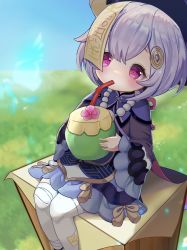 Rule 34 | 1girl, absurdres, bead necklace, beads, blush, coconut, coin hair ornament, dress, drinking, drinking straw, drinking straw in mouth, genshin impact, hair between eyes, hair ornament, highres, jewelry, jiangshi, long sleeves, miura dogu (user jfpz7573), necklace, outdoors, purple dress, purple eyes, purple hair, qiqi (genshin impact), sitting, solo, thighhighs