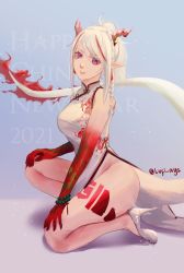 Rule 34 | 1girl, arknights, china dress, chinese clothes, dress, high heels, horns, lufi ays, nian (arknights), pointy ears, purple eyes, tail, tattoo, thighs, white hair