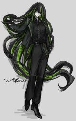 Rule 34 | 1girl, alfonso (project moon), ashi (dongshi389), barcode, barcode tattoo, black necktie, black pants, black shirt, character name, cursive, english text, full body, green hair, green trim, grey background, highres, limbus company, multicolored hair, necktie, pants, project moon, shirt, simple background, solo, streaked hair, tattoo