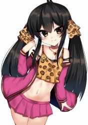 Rule 34 | 1girl, animal print, bad id, bad pixiv id, bare shoulders, black hair, blush, breasts, brown camisole, brown eyes, camisole, closed mouth, collarbone, cowboy shot, hair between eyes, hair ribbon, heart, heart necklace, highres, idolmaster, idolmaster cinderella girls, jacket, jewelry, leopard print, long sleeves, matoba risa, medium breasts, navel, necklace, pink jacket, pink skirt, pleated skirt, print camisole, print ribbon, ribbon, ricroot, sidelocks, simple background, skirt, smile, solo, thigh gap, twintails, white background