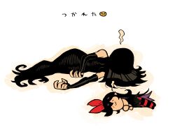 Rule 34 | 2girls, :3, black dress, black hair, bow, dress, exhausted, family guy death pose (meme), giving up the ghost, hair bow, highres, long dress, long hair, meme, multiple girls, noss (rariatto), original, pantyhose, rariatto (ganguri), red bow, red pantyhose, simple background, sleeping, striped clothes, striped pantyhose, translation request, white background, zakuro (rariatto)