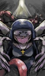 Rule 34 | 1girl, closed eyes, cross, cross necklace, double (skullgirls), gradient background, habit, intestines, jewelry, light brown hair, necklace, nun, short hair, skullgirls, smile, solo, tentacles, toi (toiot), traditional nun