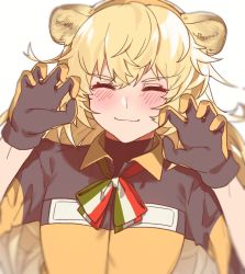 Rule 34 | 1girl, animal ears, aogisa, bad id, bad pixiv id, black gloves, blonde hair, blush, closed mouth, dog ears, closed eyes, girls&#039; frontline, gloves, hair ornament, highres, italian flag neckwear, jacket, long hair, multicolored clothes, multicolored jacket, neck ribbon, paw pose, ribbon, s.a.t.8 (girls&#039; frontline), smile, solo, white background