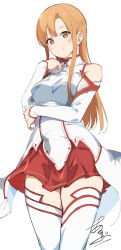 Rule 34 | 1girl, alp, asuna (sao), braid, closed mouth, highres, long hair, looking at viewer, orange eyes, orange hair, red skirt, signature, simple background, skirt, smile, solo, sword art online, thighhighs, white background, white thighhighs