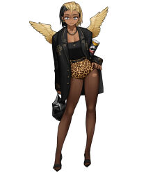 Rule 34 | 1girl, animal print, bag, black hair, black jacket, black pantyhose, black shirt, blonde hair, breasts, chain, chain necklace, cleavage, dark-skinned female, dark skin, earrings, feathered wings, feathers, full body, grey eyes, highres, holding, holding bag, jacket, jewelry, leopard print, long sleeves, looking at viewer, medium breasts, mole, mole under eye, multicolored hair, necklace, original, pantyhose, pringles can, print shorts, rinotuna, shirt, shorts, shorts tug, solo, standing, two-tone hair, wings