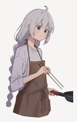 Rule 34 | 1girl, ahoge, apron, blue eyes, braid, brown apron, chopsticks, closed mouth, cooking, double-parted bangs, frying pan, grey hair, highres, holding, holding chopsticks, holding frying pan, kizuna akari, long hair, minatsuki (m1natsuk1), shirt, simple background, sleeves past elbows, solo, twin braids, upper body, voiceroid, white background, white shirt