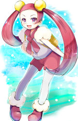 Rule 34 | 1girl, :d, backpack, bad id, bad pixiv id, bag, blush, commentary request, creatures (company), eyelashes, game freak, hair ornament, hand visible through hair, highres, long hair, looking at viewer, mira (pokemon), nintendo, open mouth, pantyhose, pink eyes, pink hair, pink shorts, pokemon, pokemon dppt, rock mani, shorts, smile, solo, tongue, twintails, white pantyhose, yellow bag
