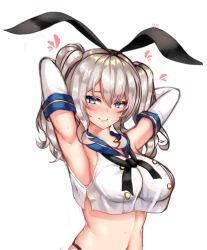 Rule 34 | 1girl, absurdres, alternate costume, armpits, arms behind head, bare shoulders, black panties, blue eyes, blush, breasts, colored eyelashes, commentary, commentary request, cosplay, elbow gloves, gloves, highleg, highleg panties, highres, kantai collection, kashima (kancolle), large breasts, long hair, looking at viewer, midriff, momoriko, navel, no bra, panties, pink lips, sailor collar, school uniform, see-through, serafuku, shimakaze (kancolle), shimakaze (kancolle) (cosplay), sidelocks, silver hair, solo, stomach, symbol-only commentary, tsurime, twintails, underwear, upper body, wavy hair, white gloves