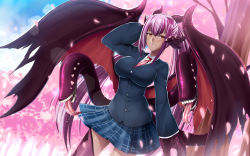 Rule 34 | 1girl, absurdres, alternate costume, animal hands, arm behind head, breasts, butter-t, cherry blossoms, claws, dark-skinned female, dark skin, demon wings, dragon girl, dragon wings, extra tongue, female focus, highres, horns, impossible clothes, impossible jacket, jabberwock (monster girl encyclopedia), jacket, large breasts, lens flare, light smile, long hair, long tongue, looking at viewer, miniskirt, monster girl, monster girl encyclopedia, necktie, petals, plaid, plaid skirt, purple hair, red eyes, school uniform, skirt, solo, tongue, tongue out, twintails, very long hair, wings