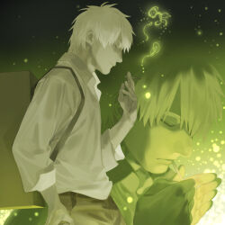 Rule 34 | 1boy, backpack, bag, between fingers, cigarette, closed eyes, collared shirt, commentary, cowboy shot, english commentary, expressionless, from side, ginko, green background, green theme, hand up, holding, holding cigarette, light particles, male focus, mushishi, profile, shirt, short hair, smoke, solo, standing, tamasaburo (braudraws), white hair, white shirt, zoom layer