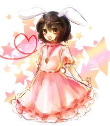 Rule 34 | 1girl, animal ears, black hair, blush, gradient background, heart, heart of string, inaba tewi, jewelry, mayo (mayomr29), pendant, rabbit ears, red eyes, sash, short hair, solo, star (symbol), touhou
