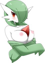 Rule 34 | 1girl, blush, bob cut, breasts, closed mouth, clothes pull, collarbone, colored skin, creatures (company), crossed arms, female focus, game freak, gardevoir, gen 3 pokemon, green hair, green shirt, hair over one eye, happy, large breasts, long sleeves, looking at viewer, nintendo, nipples, one eye covered, pokemon, pokemon (creature), red eyes, shirt, shirt pull, short hair, simple background, smile, solo, split mouth, upper body, white background, white skin, yunicon