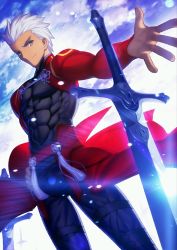 Rule 34 | 1boy, archer (fate), brown hair, dark skin, dark-skinned male, fate/grand order, fate/stay night, fate (series), looking at viewer, male focus, official art, resized, silver hair, sky, smile, solo, sword, takeuchi takashi, upscaled, waifu2x, weapon