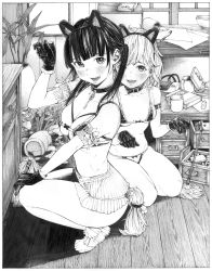 Rule 34 | 2girls, absurdres, animal ears, armband, artist request, ass, bdsm, belt collar, bikini, black eyes, black hair, blunt bangs, breasts, broom, cat ears, collar, gagaimo, gloves, greyscale, hand up, highres, huge filesize, indoors, key, kneeling, lace, lace-trimmed panties, lace trim, large breasts, maid, maid bikini, medium breasts, monochrome, multiple girls, original, panties, pet play, pleated skirt, skirt, slave, small breasts, squatting, swimsuit, thighs, traditional media, twintails, unconventional maid, underwear, vase