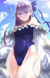 Rule 34 | 1girl, absurdres, bare shoulders, bird, blue eyes, blue ribbon, blue sky, blush, breasts, choker, closed mouth, collarbone, fate/grand order, fate (series), flying, frills, hair ribbon, highleg, highleg swimsuit, highres, johnny (pixiv16641601), long hair, long sleeves, looking at viewer, meltryllis, meltryllis (fate), meltryllis (swimsuit lancer) (fate), meltryllis (swimsuit lancer) (second ascension) (fate), off-shoulder one-piece swimsuit, off shoulder, one-piece swimsuit, penguin, puffy sleeves, purple hair, revision, ribbon, sky, sleeves past fingers, sleeves past wrists, small breasts, swimsuit, thighs, very long hair, wet, white ribbon