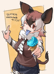 Rule 34 | 1girl, absurdres, animal ears, animal print, bare shoulders, blue tongue, brown hair, brown shirt, colored tongue, commentary request, cowboy shot, cutoffs, detached sleeves, extra ears, food, hair between eyes, hands up, highres, holding, holding food, ice cream, ice cream cone, kemono friends, light brown hair, looking at viewer, medium hair, multicolored hair, necktie, okapi (kemono friends), okapi ears, okapi tail, open mouth, pantyhose, print necktie, print neckwear, print pantyhose, print sleeves, red eyes, shirt, short shorts, shorts, sleeveless, sleeveless shirt, smile, solo, tail, tongue, tongue out, toriny, white hair