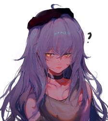 Rule 34 | 1girl, ?, absurdres, ahoge, choker, collarbone, commentary request, furioso, g11 (girls&#039; frontline), girls&#039; frontline, hair between eyes, hat, highres, long hair, looking at viewer, messy hair, purple hair, saliva, simple background, solo, tank top, upper body, white background, yellow eyes