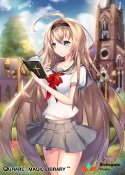 Rule 34 | 1girl, absurdly long hair, ahoge, black legwear, blue eyes, blush, book, bow, breasts, company name, copyright name, grey skirt, hairband, holding, holding book, large breasts, long hair, looking away, neckerchief, open book, qurare magic library, reading, red bow, red neckerchief, skirt, smile, snow is, solo, very long hair