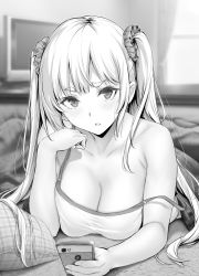 Rule 34 | 1girl, bare shoulders, blurry, blurry background, blush, breasts, cellphone, character request, cleavage, collarbone, commentary request, copyright request, depth of field, elbow rest, gentsuki, greyscale, hair ornament, hair scrunchie, hand on own chin, highres, holding, holding phone, kotatsu, large breasts, long hair, looking at viewer, lying, monochrome, on stomach, original, phone, pillow, plaid, scrunchie, solo, spaghetti strap, strap slip, table, twintails