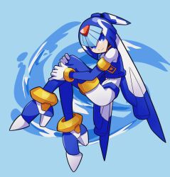 Rule 34 | 1girl, android, blue eyes, blue footwear, blue sleeves, blue vest, bodysuit, boots, closed mouth, crop top, detached sleeves, full body, gloves, grey bodysuit, helmet, high heel boots, high heels, highres, hugging own legs, legs, fairy leviathan (mega man), light blue background, looking at viewer, mega man (series), mega man zero (series), omeehayo, simple background, smile, solo, thigh boots, vest, water