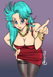 Rule 34 | 1girl, blue eyes, blue hair, breasts, bulma, cleavage, dragonball z, fingernails, grin, hand on own hip, leaning forward, lipstick, long hair, looking at viewer, makeup, medium breasts, pantyhose, pointing, pointing at viewer, red skirt, skirt, smile