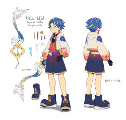 Rule 34 | 1boy, adapted costume, aqua eyes, astel leda, belt, black footwear, black gloves, black shirt, black shorts, blonde hair, blue belt, blue hair, character sheet, commentary, drawstring, earrings, english commentary, english text, floral print, gloves, gold trim, hand on own hip, highres, holding, holding sword, holding weapon, holostars, hood, hood down, hooded jacket, jacket, jewelry, keyblade, kingdom hearts, liquid weapon, long sleeves, male focus, mono (bluesky), multicolored belt, multicolored hair, multiple views, orange vest, parted bangs, pleated shorts, puffy long sleeves, puffy sleeves, red gloves, shirt, shoes, short hair, shorts, simple background, smile, standing, streaked hair, sword, turnaround, two-tone gloves, vest, virtual youtuber, weapon, white background, white belt, white jacket