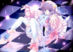 Rule 34 | 1girl, absurdres, bad id, bad pixiv id, blunt bangs, blush, boots, bow, checkered floor, cloak, cross-laced footwear, dress, floor, frills, garter straps, glowing, hat, highres, long hair, looking at viewer, outstretched hand, patchouli knowledge, purple eyes, purple hair, reflection, shoes, short dress, sitting, solo, striped clothes, striped dress, thighhighs, touhou, vanilla (miotanntann), white thighhighs, wide sleeves