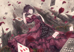 Rule 34 | 1girl, :d, alice in wonderland, black hair, card, castle, detached sleeves, dress, falling petals, floating card, flower, frills, gothic lolita, twirling hair, hand on own chest, highres, lolita fashion, looking at viewer, missile228, open mouth, petals, playing card, purple eyes, queen of hearts (alice in wonderland), red flower, red rose, rose, rose petals, short hair, short sleeves, smile, solo, tiara