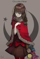 Rule 34 | 10s, 1girl, absurdres, bad id, bad pixiv id, bow, brown eyes, brown hair, capelet, crescent, fur trim, hairband, head tilt, highres, hwayoung, kurenaino aria, long hair, looking at viewer, occultic;nine, pantyhose, red pantyhose, solo, stuffed toy
