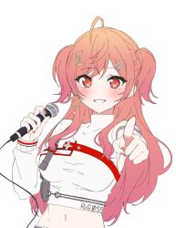 Rule 34 | 1girl, absurdres, blonde hair, blush, breasts, earrings, hair ornament, highres, holding, holding microphone, hololive, hololive dev is, ichijou ririka, jewelry, long hair, medium breasts, microphone, multicolored hair, navel, orange eyes, pink hair, pink nails, pointing, regloss, simple background, smile, solo, two-tone hair, upper body, virtual youtuber, white background