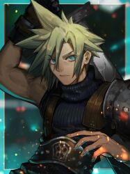 Rule 34 | 1boy, armor, blonde hair, blue eyes, blurry, blurry background, buster sword, cloud strife, earrings, embers, final fantasy, final fantasy vii, gloves, highres, holding, holding sword, holding weapon, jewelry, jumpsuit, looking at viewer, male focus, ohji130, purple jumpsuit, short hair, shoulder armor, sleeveless, sleeveless turtleneck, solo, spiked hair, suspenders, sword, turtleneck, weapon