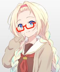 Rule 34 | 1girl, :3, aqua hair, bangs pinned back, blonde hair, blue eyes, borrowed clothes, braid, brown cardigan, brown dress, cardigan, closed mouth, commentary request, dress, fang, forehead, glasses, gradient hair, grey background, hairband, hasu no sora school uniform, highres, light blush, link! like! love live!, long hair, long sleeves, love live!, low twin braids, multicolored hair, neckerchief, open cardigan, open clothes, osawa rurino, pink hairband, red-framed eyewear, red neckerchief, sailor collar, sailor dress, school uniform, semi-rimless eyewear, skin fang, sleeves past wrists, solo, split mouth, streaked hair, twin braids, under-rim eyewear, upper body, virtual youtuber, white sailor collar, winter uniform, yutuki ame