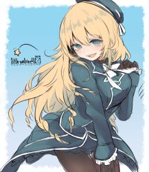 Rule 34 | 1girl, atago (kancolle), beret, black gloves, black pantyhose, blonde hair, blue background, blue hat, breasts, commentary request, cowboy shot, gloves, green eyes, hat, highres, kantai collection, large breasts, long hair, looking at viewer, military, military uniform, one-hour drawing challenge, pantyhose, ruohire9, skirt, smile, solo, thigh gap, twitter username, uniform