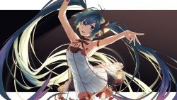 Rule 34 | 1girl, :d, antenna hair, armlet, arms up, blue eyes, blue hair, body writing, brown ribbon, character name, commentary request, cowboy shot, dress, gradient background, grey nails, hatsune miku, headphones, highres, layered dress, long hair, looking at viewer, miku symphony (vocaloid), moegi0926, nail polish, neck ribbon, open mouth, outstretched arm, ribbon, see-through, smile, solo, strapless, strapless dress, very long hair, vocaloid, white dress