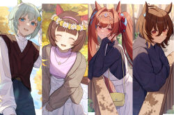 Rule 34 | 4girls, absurdres, against railing, agnes tachyon (umamusume), ahoge, alternate costume, animal ears, arm up, autumn, bag, belt, blue eyes, blue hair, blue nails, blue pants, blue sky, blush, border, brown belt, brown cardigan, brown eyes, brown hair, brown vest, bush, cardigan, casual, closed eyes, closed mouth, commentary request, cowboy shot, crossed arms, daiwa scarlet (umamusume), day, ear covers, ear ornament, fang, grin, hair between eyes, hair intakes, hair ornament, hairclip, head rest, highres, horse ears, horse girl, horse tail, isana615, jewelry, leaf, long hair, long sleeves, looking at viewer, looking to the side, multiple girls, nail polish, necklace, nishino flower (umamusume), on ground, open mouth, outdoors, pants, pink socks, pink sweater, railing, red eyes, seiun sky (umamusume), shirt, short hair, shoulder bag, single ear cover, sitting, sky, sleeves past wrists, smile, socks, sweater, tail, tiara, tree, twintails, umamusume, upper body, very long hair, vest, wariza, white border, white shirt, wooden railing