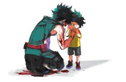 Rule 34 | 2boys, age comparison, aged down, armpit peek, bare arms, bare shoulders, belt, belt pouch, black footwear, blood, blood on arm, blood on clothes, blood on face, blood on ground, blood stain, bodysuit, boku no hero academia, comforting, commentary request, cross-laced footwear, crying, crying with eyes open, cuts, dirty, dirty clothes, dirty face, face-to-face, finger to another&#039;s face, freckles, from side, full body, furrowed brow, green bodysuit, green eyes, green hair, grey shorts, hand up, hands on own cheeks, hands on own face, hands up, injury, leaning forward, male focus, matsuya (pile), midoriya izuku, multiple boys, open mouth, partial commentary, pouch, red belt, red footwear, sad, scar, scar on arm, scared, scratches, shadow, shirt, shoe soles, shoes, short hair, short sleeves, shorts, simple background, sleeveless, smile, sneakers, squatting, stained clothes, standing, t-shirt, tears, time paradox, torn clothes, torn sleeves, utility belt, white background, wiping tears, yellow shirt