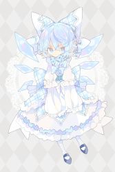 Rule 34 | 1girl, alternate costume, argyle, argyle background, argyle clothes, black footwear, blue bow, blue dress, blue eyes, blue hair, blush, bow, cirno, closed mouth, detached wings, dress, fairy, frilled sleeves, frills, full body, hair between eyes, hair bow, highres, ice, ice wings, nikorashi-ka, shoes, short hair, sleeves past fingers, sleeves past wrists, solo, touhou, wings