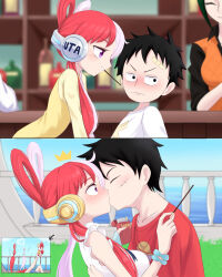 Rule 34 | 1boy, 1girl, absurdres, age comparison, aged down, bandaged head, bandages, black hair, closed eyes, dress, food, highres, kiss, long hair, monkey d. luffy, multicolored hair, one piece, one piece film: red, pocky, purple eyes, red hair, shirt, short hair, split-color hair, two-tone hair, uta (one piece), white dress, white hair, white shirt, yellow dress, zerokun135