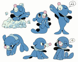 Rule 34 | bathing, bluekomadori, closed eyes, commentary request, creature, creatures (company), full body, game freak, gen 7 pokemon, highres, multiple views, music, musical note, nintendo, no humans, pokemon, pokemon (creature), popplio, simple background, singing, spoken musical note, white background