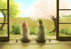 Rule 34 | 1boy, 1girl, blue sky, cherry blossoms, cup, day, eye contact, facing away, fence, glasses, green hair, hetero, looking at another, maru come, morimura sakuya, plant, protagonist (tokimemo gs), sitting, sky, tokimeki memorial, tokimeki memorial girl&#039;s side, tree