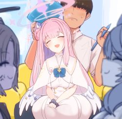Rule 34 | 1boy, 3girls, ako (blue archive), anger vein, blue archive, blurry, blurry foreground, blush, breasts, capelet, clipboard, closed eyes, closed mouth, dress, faceless, faceless male, false smile, flower, hair bun, hair flower, hair ornament, halo, highres, holding, holding clipboard, holding pen, jealous, large breasts, long hair, mika (blue archive), multiple girls, open mouth, pen, pink hair, scrunchie, sensei (blue archive), shiming liangjing, shirt, short sleeves, single hair bun, sitting, sitting on lap, sitting on person, smile, sweatdrop, white capelet, white dress, white shirt, white wings, wings, wrist scrunchie, yuuka (blue archive)
