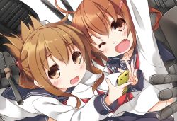 Rule 34 | 10s, 2girls, :d, ;d, album cover, blush, brown eyes, brown hair, cover, digital media player, earbuds, earphones, fang, folded ponytail, hair ornament, hairclip, highres, holding, ikazuchi (kancolle), inazuma (kancolle), kantai collection, multiple girls, one eye closed, open mouth, personification, school uniform, serafuku, shared earphones, short hair, skirt, smile, wink, yume no owari