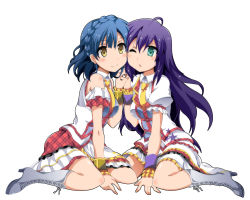 Rule 34 | 10s, 2girls, :o, ahoge, bare shoulders, blue hair, blush, boots, braid, breasts, cheek-to-cheek, cross-laced footwear, face-to-face, frilled cuffs, frills, full body, green eyes, hair between eyes, holding hands, heads together, idolmaster, idolmaster million live!, knee boots, lace-up boots, long hair, looking at viewer, medium breasts, mochizuki anna, multiple girls, nanao yuriko, one eye closed, open mouth, puffy short sleeves, puffy sleeves, purple hair, short hair, short sleeves, sitting, sleeveless, smile, star (symbol), train 90, wariza, wrist cuffs, yellow eyes