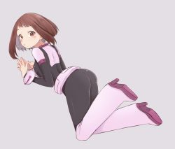 Rule 34 | 1girl, ass, bad id, bad pixiv id, blush, blush stickers, bodysuit, boku no hero academia, boots, breasts, brown eyes, brown hair, commentary request, from side, full body, grey background, hanamame, high heel boots, high heels, highres, looking at viewer, medium breasts, own hands together, short hair, sidelocks, simple background, solo, uraraka ochako