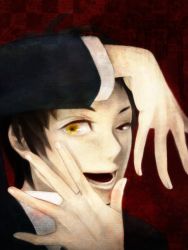 Rule 34 | :d, adachi tooru, atlus, brown hair, formal, looking at viewer, male focus, monolio, necktie, open mouth, persona, persona 4, portrait, shadow (persona), smile, spoilers, suit, yellow eyes