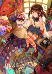 Rule 34 | 1girl, absurdres, antique phone, black cat, blue skirt, brown hair, cat, checkered floor, daruma doll, fish, fish hair ornament, hair ornament, highres, holding, holding phone, original, pantyhose, phone, pink eyes, rotary phone, sitting, skirt, solo, striped clothes, striped pantyhose, striped thighhighs, tamago nezumi, thighhighs, twintails
